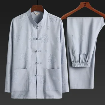 Китайский традиционный комплект одежды Мужская осенняя хлопковая рубашка с пряжкой Кунг-фу Восточный Ретро Топ Брюки Тайцзи Дышащая униформа Hanfu