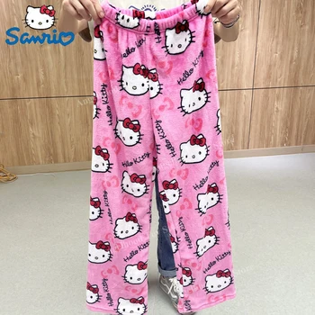 Sanrio Мультфильм Hello Kitty Пижамы Аниме Фланелевые Женские Теплые Пижамы Каваи Повседневные Домашние Брюки Осенние Модные Брюки Подарок