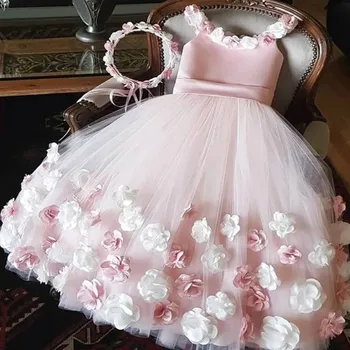 Розовые платья на бретельках с цветочным узором для девочек Винтажные бальные платья с цветочной аппликацией Для девочек Розовые вечерние платья на заказ