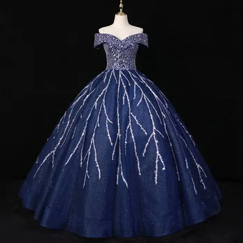 Новое Пышное платье Королевского синего цвета С блестками, Открытыми плечами, Расшитое Бисером, Блестящие Милые Платья Принцессы На 16 Лет Для 15 Vestidos Noiva