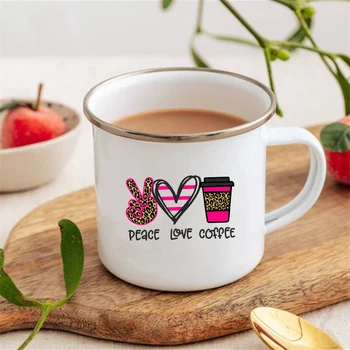 Эмалированные кружки с принтом Peace Love Coffee, креативные винтажные кофейные чашки, напитки, Десерт, вода, чашка для молока, Походная кружка, ручка, посуда для напитков в подарок