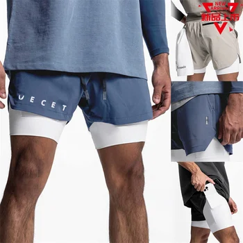Летние новые мужские спортивные двухслойные шорты, мужские повседневные спортивные брюки в пять четвертей